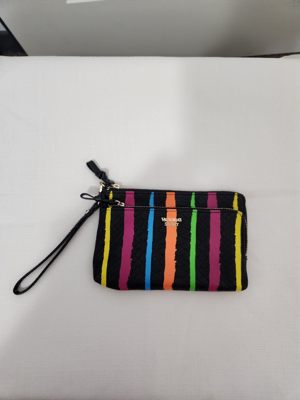 Victoria's Secret Neon And Black Striped Double Zip Wristlet